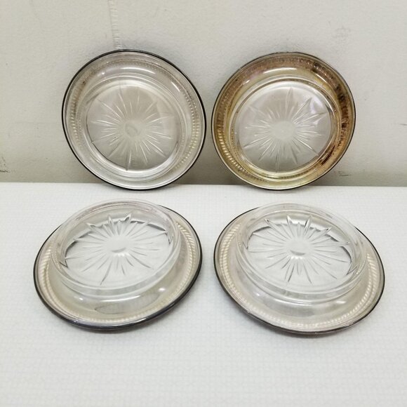 4 Sterling Silver Frank M Whiting Glass Coasters Vintage Sunburst MCM Home Decor - Picture 3 of 5